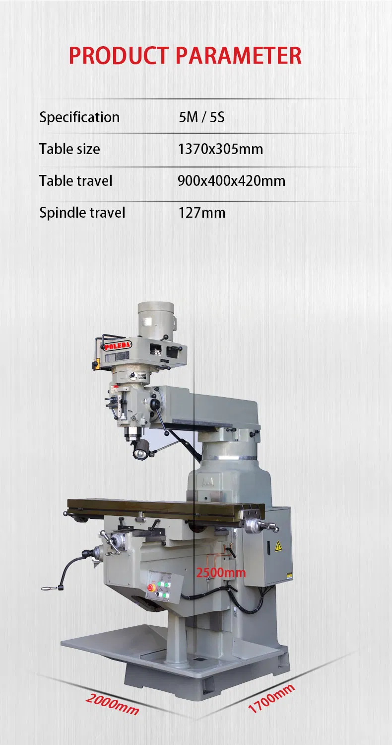Poleda 5m/5s Universal Vertical Rocker Turret Milling Machine with Enhanced Drilling, China