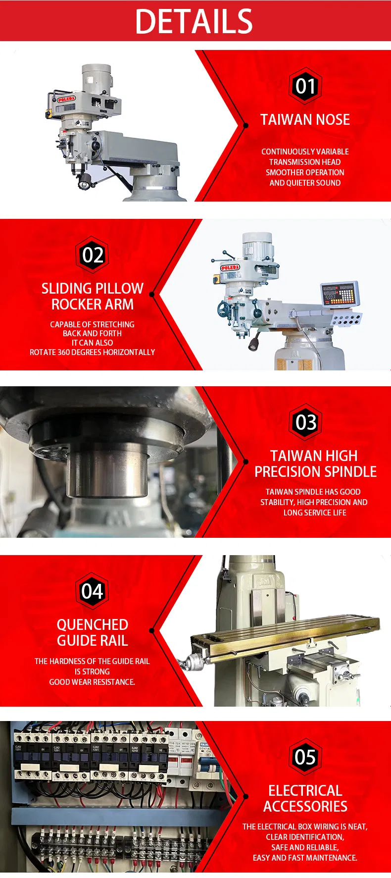 Poleda 5m/5s Universal Vertical Rocker Turret Milling Machine with Enhanced Drilling, China